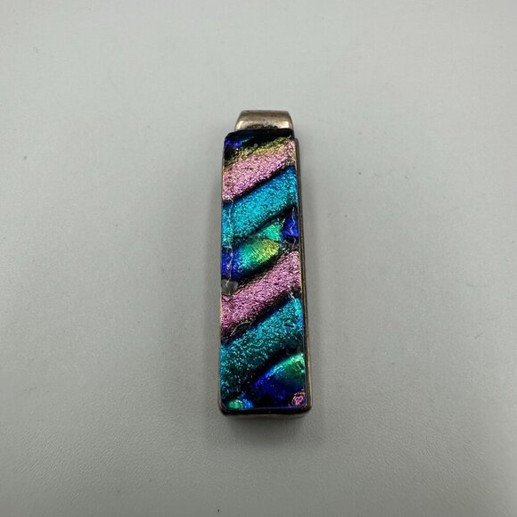 Dichroic Glass Bar Pendant Sterling Silver Multicolor Striped Rectangle - Picture 4 of 11